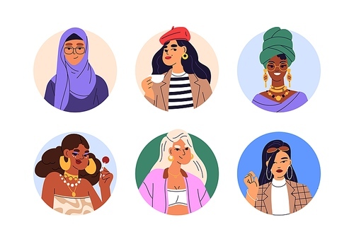 Women face avatars set. Young female characters of different race, ethnicity. Modern diverse girls, circle head portraits, user profiles. Flat vector illustrations isolated on white background.