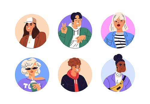 Young men, women faces set. Modern trendy characters in circled user profiles, male and female head portraits. Happy people avatars. Flat graphic vector illustrations isolated on white background.