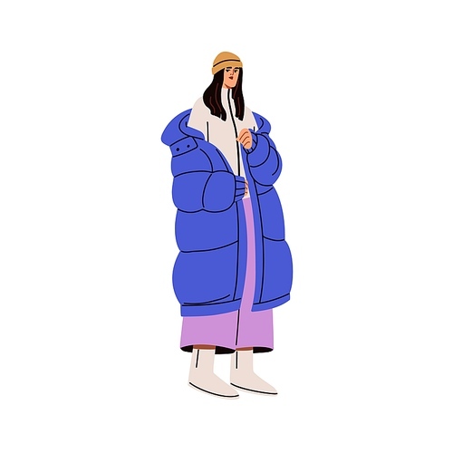 Young stylish woman in fashion winter outfit. Modern girl wearing warm puffer coat and hat. Female standing in cold season apparel, clothes. Flat vector illustration isolated on white background.
