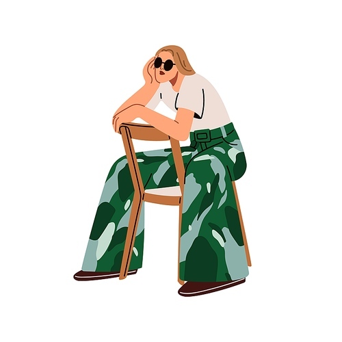 Fashion girl sitting, leaning on chair back. Modern young woman in sunglasses posing in seated position. Cool female character in stylish outfit. Flat vector illustration isolated on white background.