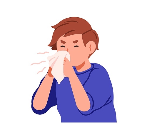 Child blowing nose with handkerchief in hands. Ill sick kid sneezing from cold, flu. Unhealthy little boy with allergy, virus. Illness symptom. Flat vector illustration isolated on white background.