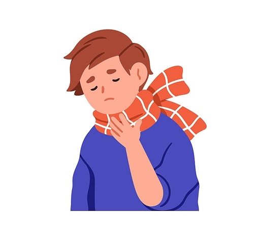 Sick kid suffering from sore throat. Ill child wrapped with warm scarf. Unhealthy boy with ache, pain, feeling unwell from cold, flu disease. Flat vector illustration isolated on white background.