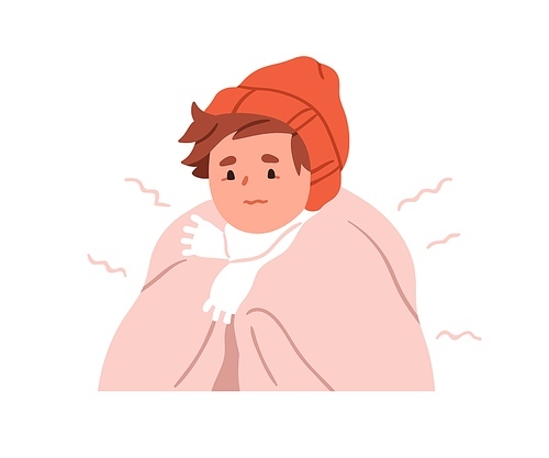 Sick kid freezing, shivering from cold, flu, fever. Ill child wrapped in warm blanket, feeling unwell. Little boy, influenza disease symptom. Flat vector illustration isolated on white background.