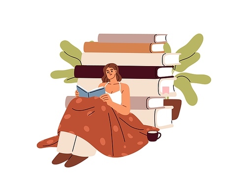 Woman reading fiction book. Happy girl reader, bookworm under cozy blanket, literature stack. Tiny person relaxing with open interesting novel. Flat vector illustration isolated on white background.