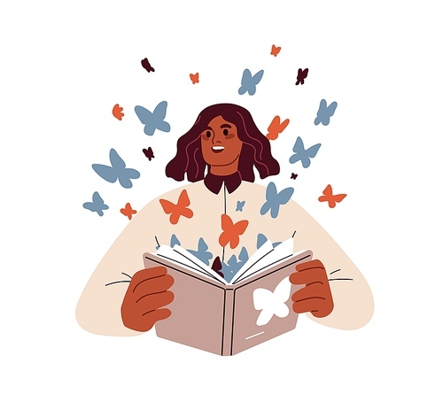 Happy black woman reading fiction book. Vivid imagination, fantasy concept. Girl reader with butterflies flying from fancy literature. Flat graphic vector illustration isolated on white background.