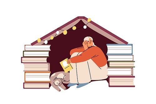 Girl reader, book lover under cozy shelter. Young woman relaxing with fiction literature at leisure at home. Bookworm resting with cute cat. Flat vector illustration isolated on white background.