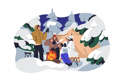 Winter camping in forest. People warming with hot tea at campfire outdoor. Friends at fire in nature, sitting at tent among trees in snow. Flat graphic vector illustration isolated on white background.