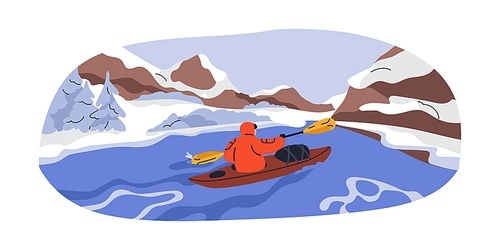 Winter kayaking. Person travels outdoors, sitting in boat with paddles in cold weather. Man rafting river water. Wintertime nature holiday. Flat vector illustration isolated on white background.