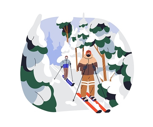 Winter skiing. Skiers couple, friends in forest, snow trees on vacation. People outdoors during sports activity in nature in cold weather. Flat vector illustration isolated on white background.