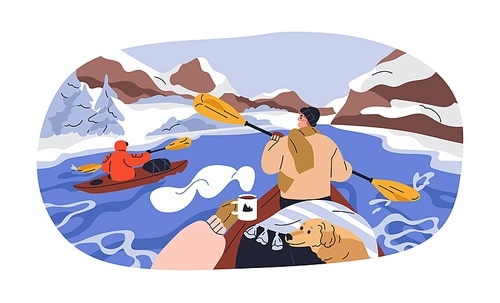 Winter adventure in boats. Tourists kayaking in cold weather, nature with mountains and river. People rafting in water. Wintertime holiday travel. Flat vector illustration isolated on white background.