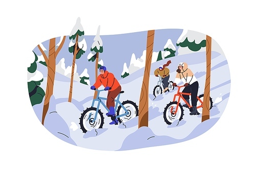 Cyclists travel in winter forest in snow. People riding mountain bikes in nature in cold weather. Friends on bicycles outdoors. Extreme sport. Flat vector illustration isolated on white background.