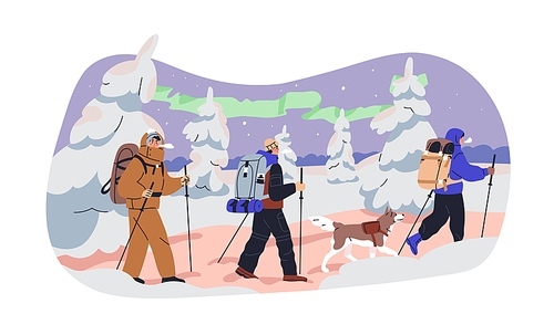 People trekking on winter holiday. Hikers and dog walking in snow, cold weather. Friends tourists hiking with poles. North adventure, travel. Flat vector illustration isolated on white background.