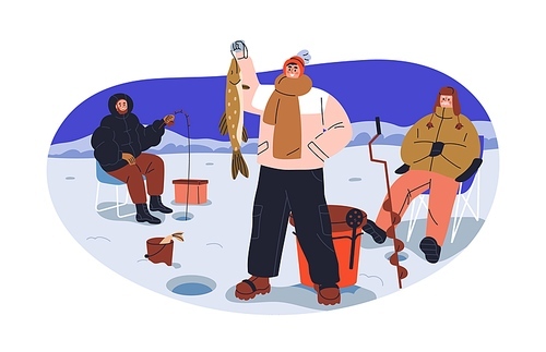 Ice fishing. Fisherman with caught fish on winter holiday. Men friends at frozen river water, catching with rods. Happy fishers at northern lake. Flat vector illustration isolated on white background.