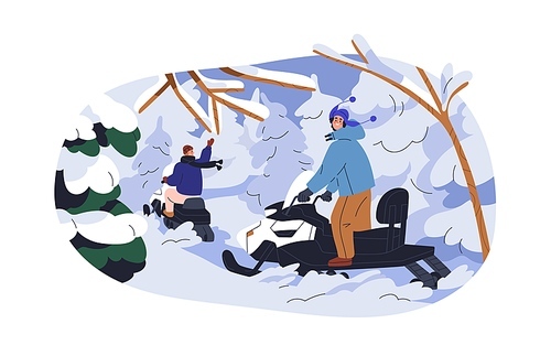 Riders on snowmobile, snow scooter on winter vacation. People riding, driving snowmachine, skimobile. Extreme adventure in northern forest. Flat vector illustration isolated on white background.