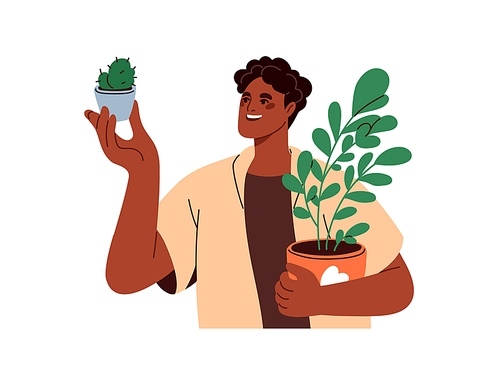 Happy black man holding plants in hands. Smiling person with flowerpots. Character growing green leaf houseplant and cactus. Botany hobby. Flat vector illustration isolated on white background.