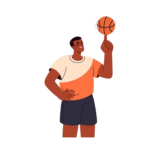 Basketball player spinning, rotating, swirling ball on finger, hand. Happy black man athlete, sportsman skill, entertainment, fun. Flat vector illustration isolated on white background.