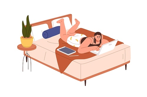 Woman with laptop computer, lying in bed. Girl in bedroom during remote freelance work. Female freelancer relaxing with notebook at home. Flat vector illustration isolated on white background.