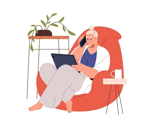 Business woman during remote online work from home. Businesswoman with tablet computer, talking, mobile phone call, sitting in cozy armchair. Flat vector illustration isolated on white background.