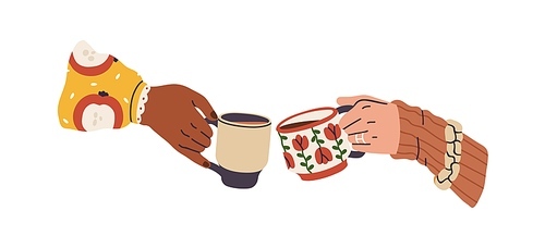Coffee cups cheers. Friends couple celebrating holiday, holding hot winter drinks. People hands meeting, tea and cacao mugs clinking. Flat graphic vector illustration isolated on white background.