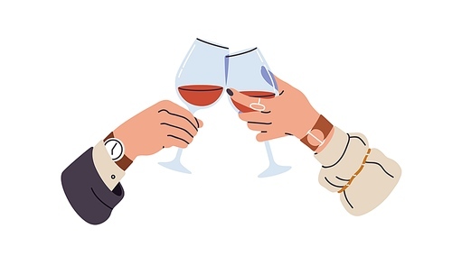 Wineglasses cheers. Two hands holding wine glasses, clinking. Man and woman, love couple celebrating holiday, dating with alcohol drink. Flat graphic vector illustration isolated on white background.