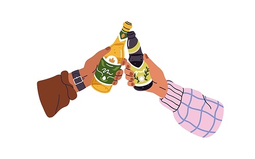 Hands with glass bottles, toast. Friends holding beer, drinking alcohol, cheers. Two people meeting, celebrating holiday, clinking. Flat graphic vector illustration isolated on white background.