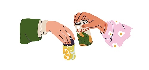 Two hands holding tin bottles, cheers. Friends with aluminium cans, celebrating holiday. Toast with lemonade drink, fizzy beverage. Flat graphic vector illustration isolated on white background.