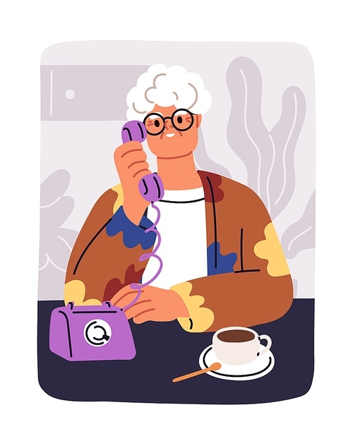 Old woman calling, talking on retro landline phone. Senior elderly lady, grandmother speaking, chatting, holding receiver handset, desk telephone. Grandma, granny chatting. Flat vector illustration.