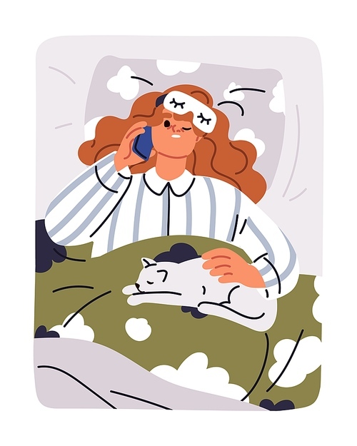 Waking up from mobile phone call. Annoyed upset asleep woman awakening in bed, disturbed by smartphone, cellphone talk late at night. Sleepy person oversleeping in morning. Flat vector illustration.