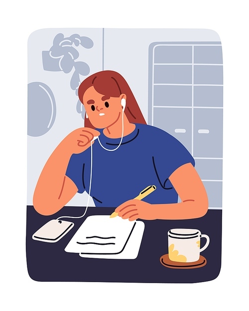 Woman student taking notes, records, listening education audio, studying with mobile phone and earphones. Female writing with pen, sitting at table with smartphone and papers. Flat vector illustration.