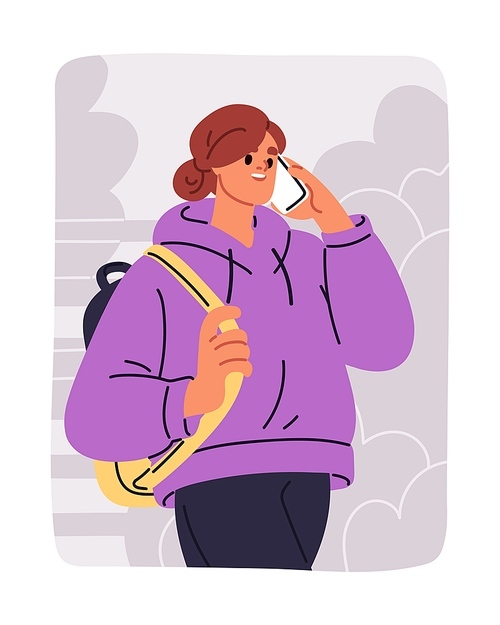 Woman talking on mobile phone, walking on street. Happy smiling girl speaking during cellphone call. Female character going with smartphone outdoors. Cellular communication. Flat vector illustration.