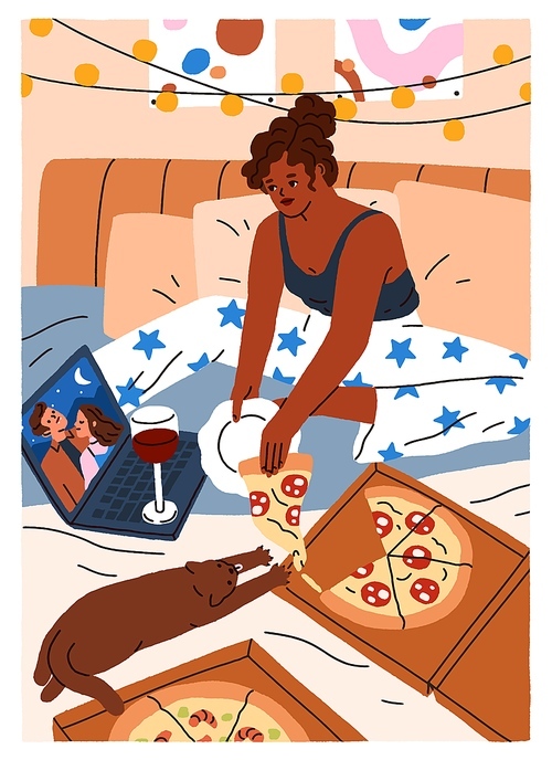 Girl watching movie on laptop, relaxing and eating pizza in bed. Black woman rests at home, watches series at weekend, holiday time, cozy evening with notebook, wine. Flat vector illustration.