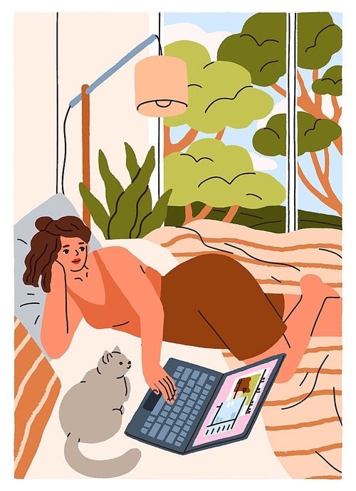 Girl relaxing in bed, surfing internet at laptop computer. Young woman resting at home, watching online videos, lying with cat in bedroom at weekend. Lazy leisure time. Flat vector illustration.