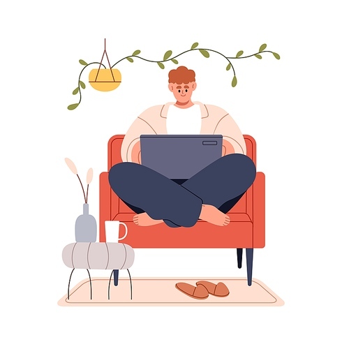 Person works at laptop online in internet, sitting in armchair at home. Young man, freelancer at notebook computer. Remote freelance worker. Flat vector illustration isolated on white background.