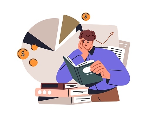 Financial literacy, education concept. Person studying economics, finance management, accounting, money investing. Student reading business book. Flat vector illustration isolated on white background.