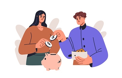 Family saving money. Thrifty couple putting, collecting coins, finance in piggy for future, dream. Financial literacy, personal budget concept. Flat vector illustration isolated on white background.