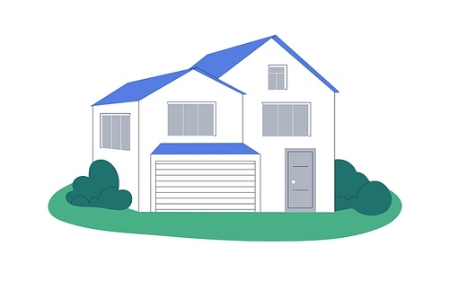 House building exterior. Residential home facade. Real estate, property. Residence construction with garage, windows, residence architecture. Flat vector illustration isolated on white background.