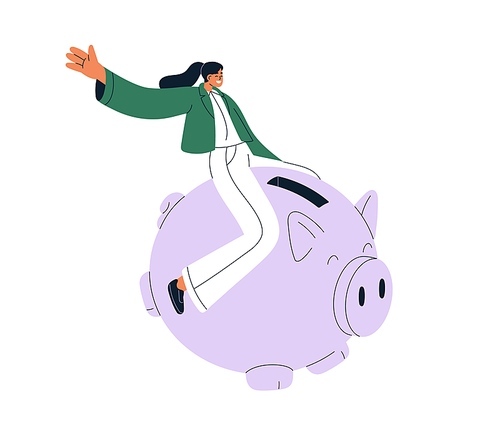 Saving money in piggy bank, box. Happy rich wealthy woman riding big piggybank, moneybox. Financial deposit, wealth, prosperity concept. Flat vector illustration isolated on white background.