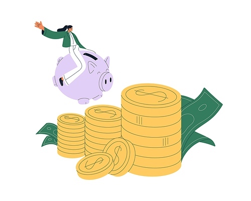 Saving, investing money, growing capital. Rich woman on piggybank, growing cash, finance. Financial deposit, investment, wealth concept. Flat vector illustration isolated on white background.