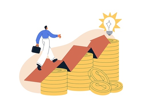 Going to financial goal, aim. Wealth, finance, capital growth, business progress concept. Investing, increasing revenue, income, earnings. Flat graphic vector illustration isolated on white background.