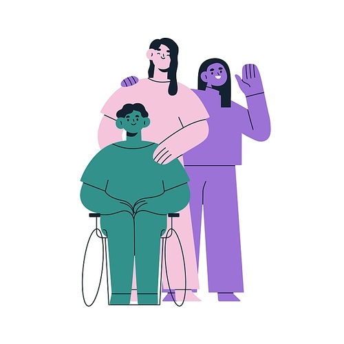Happy diverse people portrait. Friends group, person with disability in wheelchair. Young abstract modern character standing together. Flat graphic vector illustration isolated on white background.