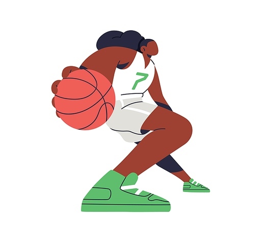 Female player with basketball ball in hands. Black woman athlete playing sport game. Professional sportswoman in uniform, movement, action. Flat vector illustration isolated on white background.
