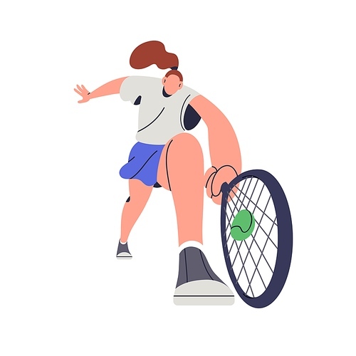 Tennis player hitting ball with racket in hand. Girl athlete playing court game. Sports woman, professional sportswoman during tenis match. Flat vector illustration isolated on white background.