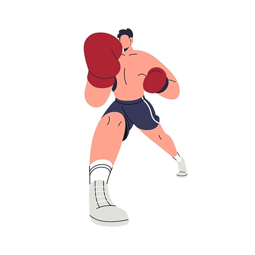Boxer fighting, punching with fist in box glove. Boxing sport. Wrestler athlete, fighter hitting. Sportsman in attacking pose, stance. Flat graphic vector illustration isolated on white background.