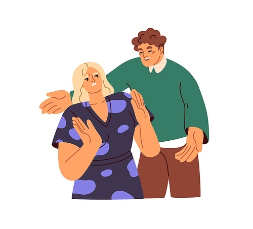 Intrusive man, unwanted hugs, unwelcome awkward touch. Harassment, unrequited love concept. Embarrassed woman hates unpleasant nasty guy. Flat graphic vector illustration isolated on white background.