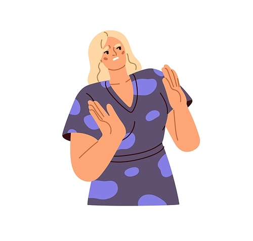 Woman saying no, stop with hand gesture. Annoyed girl showing hate and disgust. Negative face expression, dislike and refusal sign with palms. Flat vector illustration isolated on white background.