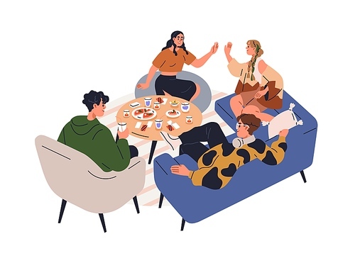 Friends gather together for home dinner. Happy people sitting on couches, relaxing at table with food, eating, talking at leisure time. Flat graphic vector illustration isolated on white background.
