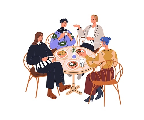 Happy friends gathering around table, eating lunch together, talking. People meeting for breakfast, chatting, discussing, drinking tea. Flat graphic vector illustration isolated on white background.