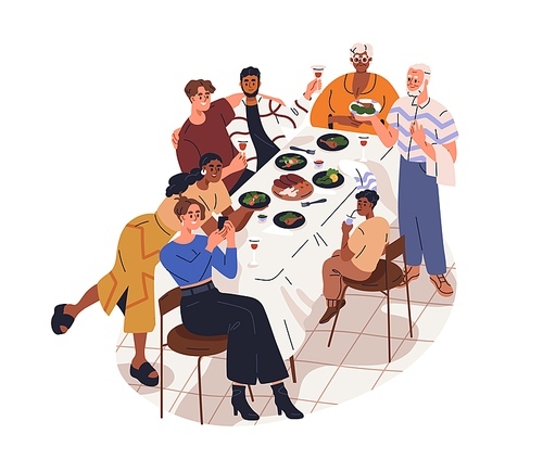 Family gathering together at dinner table. Happy old and young people celebrating holiday, festive eating and drink. Home celebration. Flat graphic vector illustration isolated on white background.