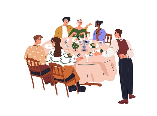 Friends gather together for dinner, holiday celebration at restaurant. Happy people eating out, talking at festive meal, sitting at table. Flat graphic vector illustration isolated on white background.