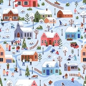 Winter village in snow, seamless pattern. Christmas town in nature, repeating landscape print with cute houses and people. Endless background design, outdoor funs. Flat vector illustration for textile.